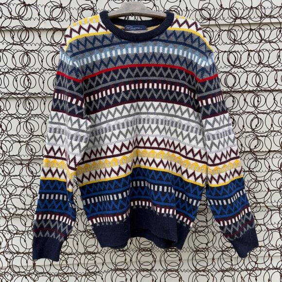 Gap Zig Zag Crewneck Patterned Multicolor Lambswool Sweater XL - Picture 1 of 8